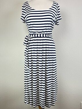 Gilli Navy White Striped Tie Waist Midi Dress Large